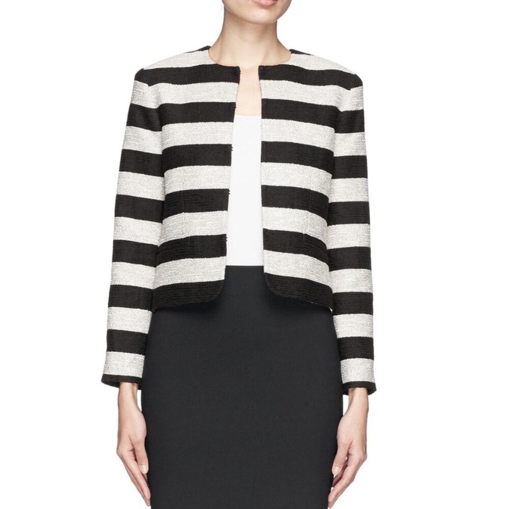 Alice + Olivia Textured Black Cream Silver Thread Horizontal Stripe Crop Jacket - Picture 2 of 10